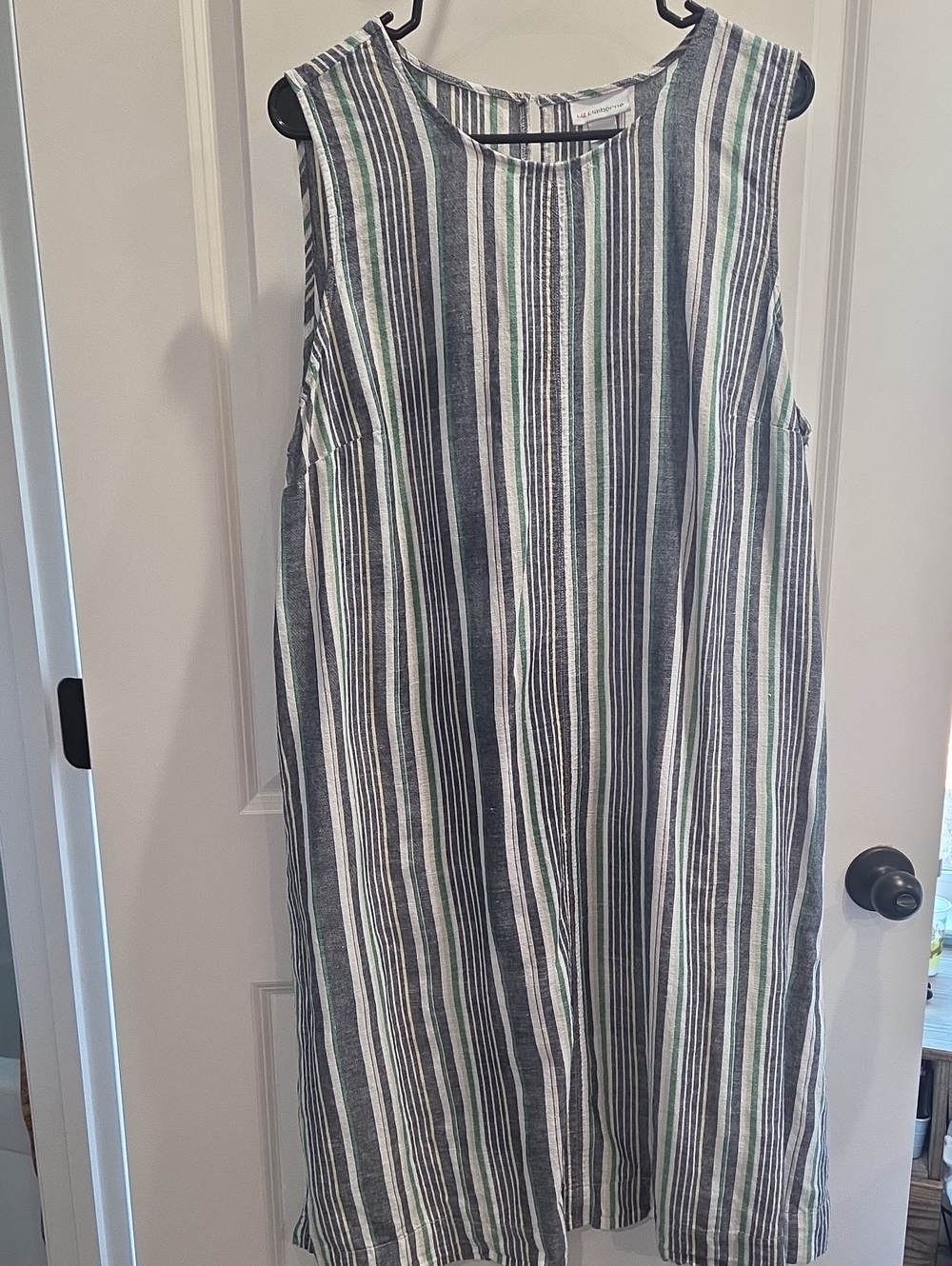 Liz Claiborne Linen Navy, White and Green Striped Sleeveless Midi Dress